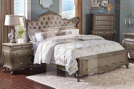 FH-5888 Gold Upholstered Queen Wing Bed