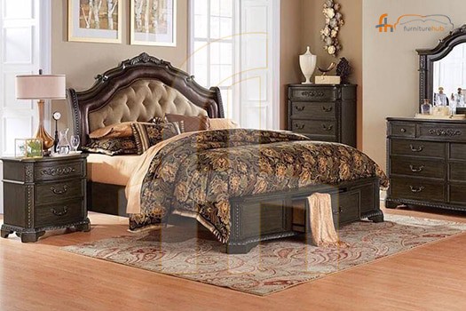 FH-5887 King Upholstered Panel Bed | Brown Cherry