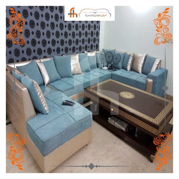 Wooden SOFA Set (L-Shape) With Blue Elegant Cushions