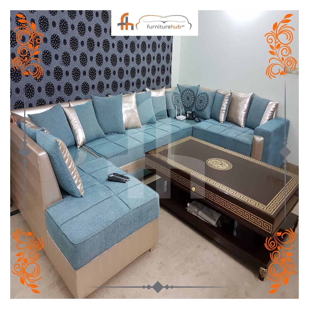 Wooden SOFA Set (L-Shape) With Blue Elegant Cushions (011)