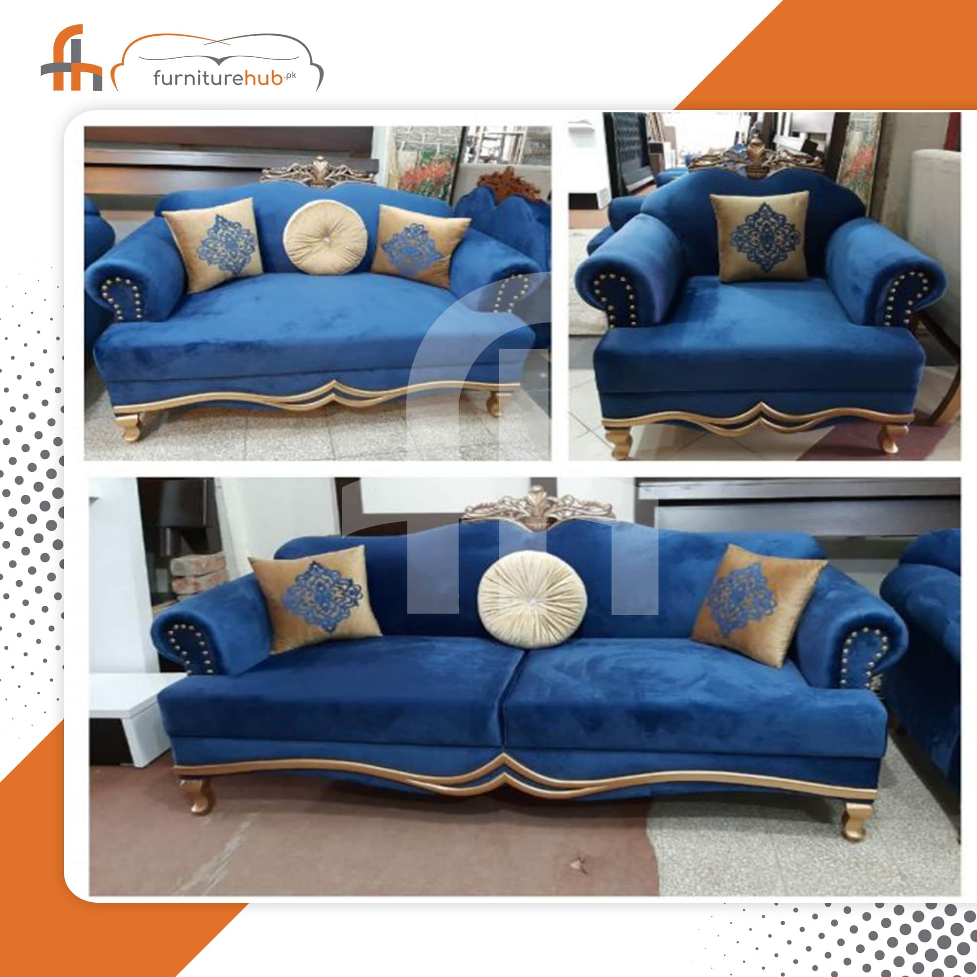 Blue Sofa Royal Design With Gold, Elegant Royal Blue Sofa Set Living Room
