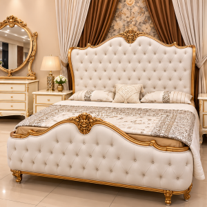 FH-4985 Luxury Royal Tufted Bed Set | Elegant Gold & White Bedroom Furniture